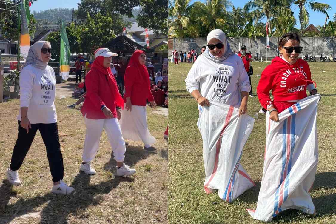 Calon Bupati Lombok Barat Hj Nurhidayah saat mengikuti lomba balap karung dan gigit kelereng bersama warga. (ist)